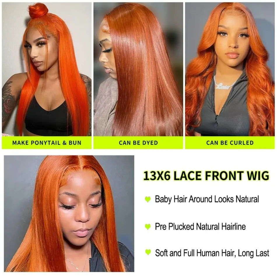 Orange Hd Lace Frontal Straight Human Hair Wigs