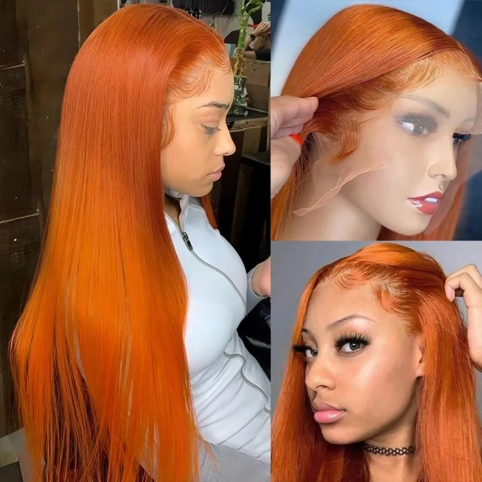 Orange Hd Lace Frontal Straight Human Hair Wigs