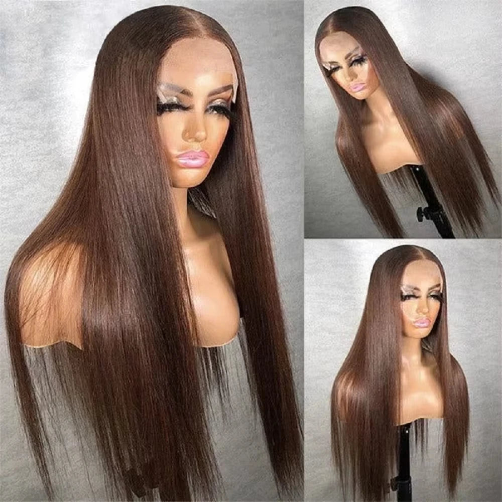 HD Chocolate Brown Bone Straight Lace Front Wigs