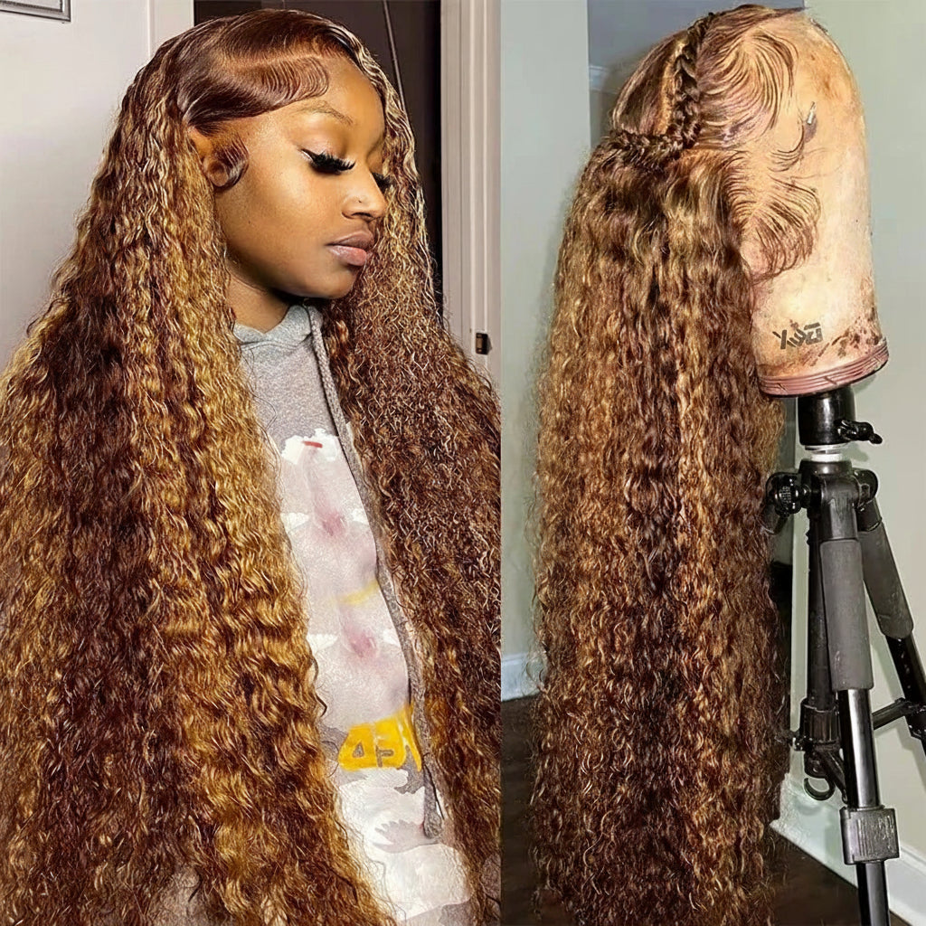 Highlighted Honey Brown Curly Lace Front Human Hair Wigs