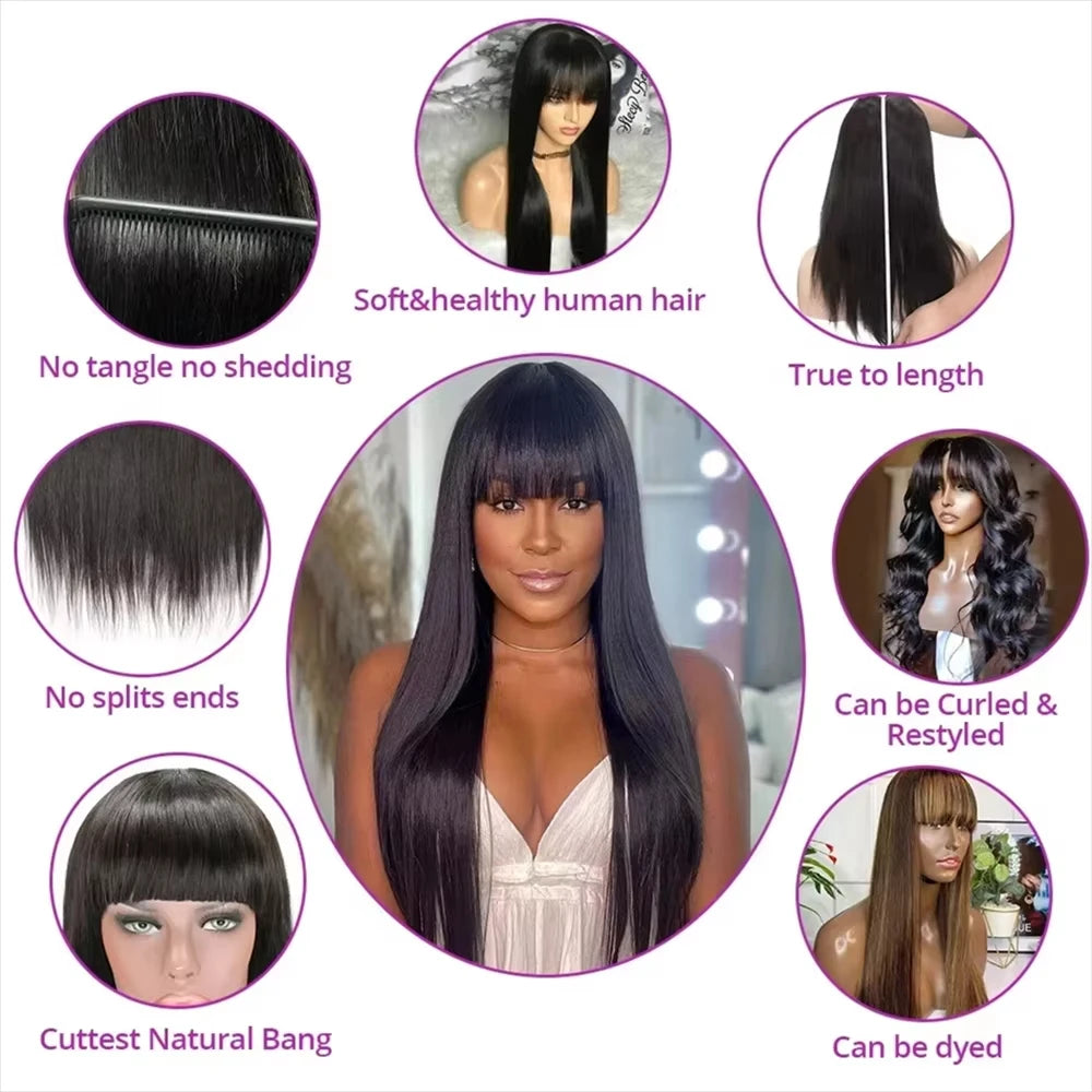 Bangs Bone Straight Human Hair Wigs