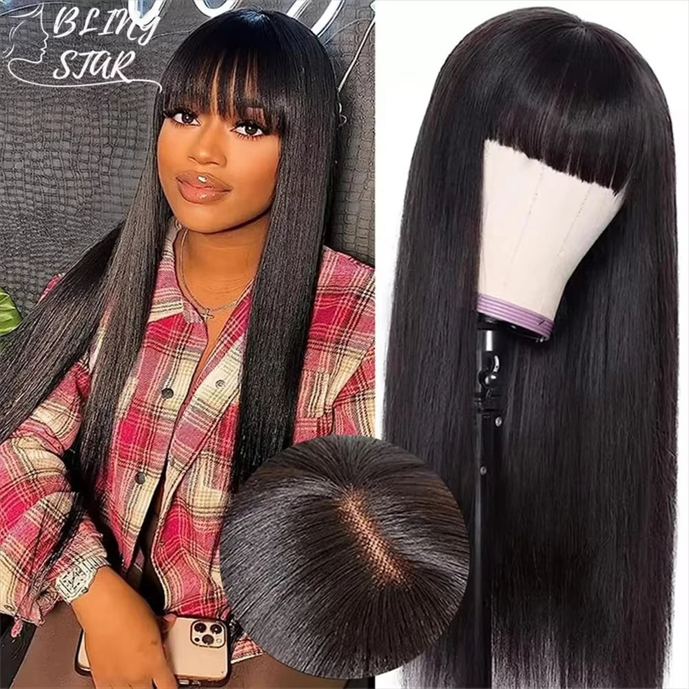 Bangs Bone Straight Human Hair Wigs