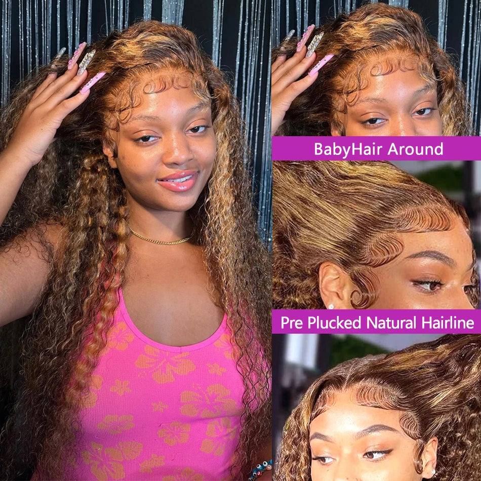 Highlight Honey Brown Curly Lace Front Human Hair Wigs