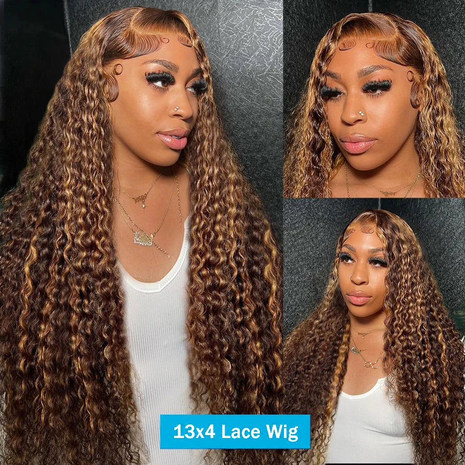 Highlighted Honey Brown Curly Lace Front Human Hair Wigs