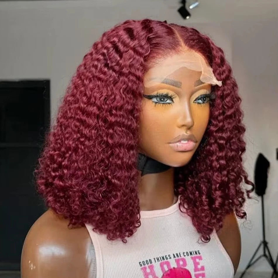 Burgundy Curly Short Bob Wigs