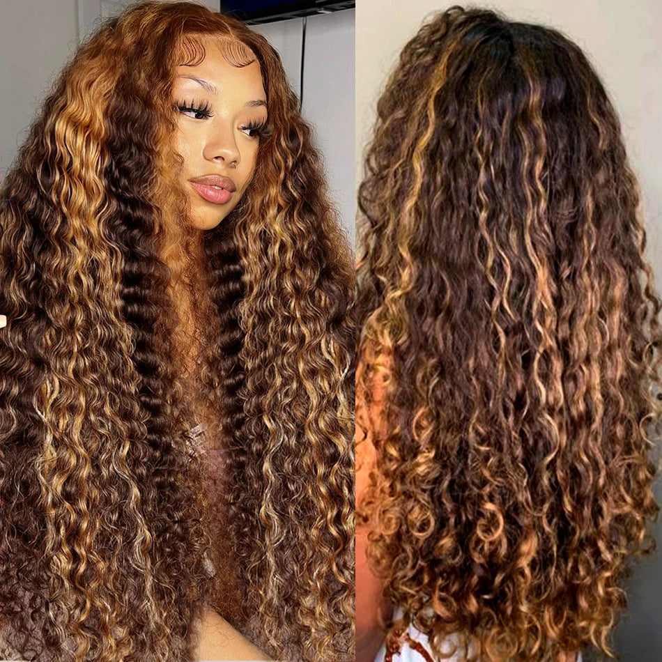 Highlight Honey Brown Curly Lace Front Human Hair Wigs