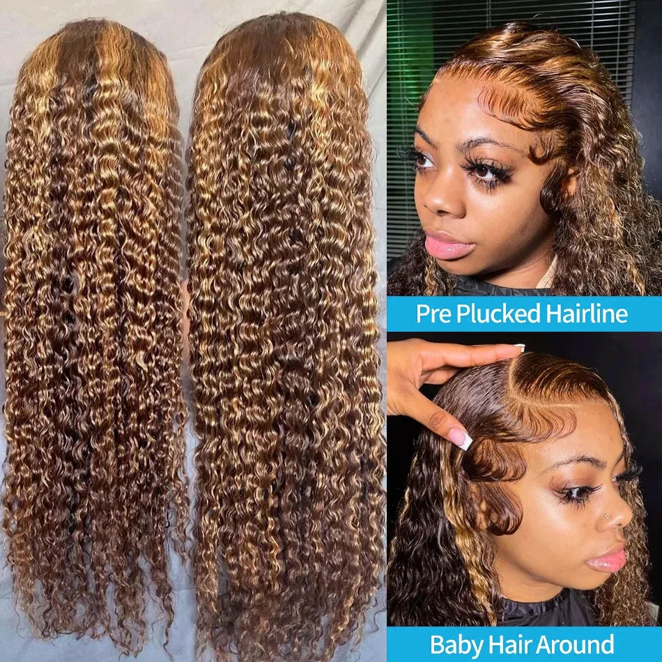 Highlighted Honey Brown Curly Lace Front Human Hair Wigs