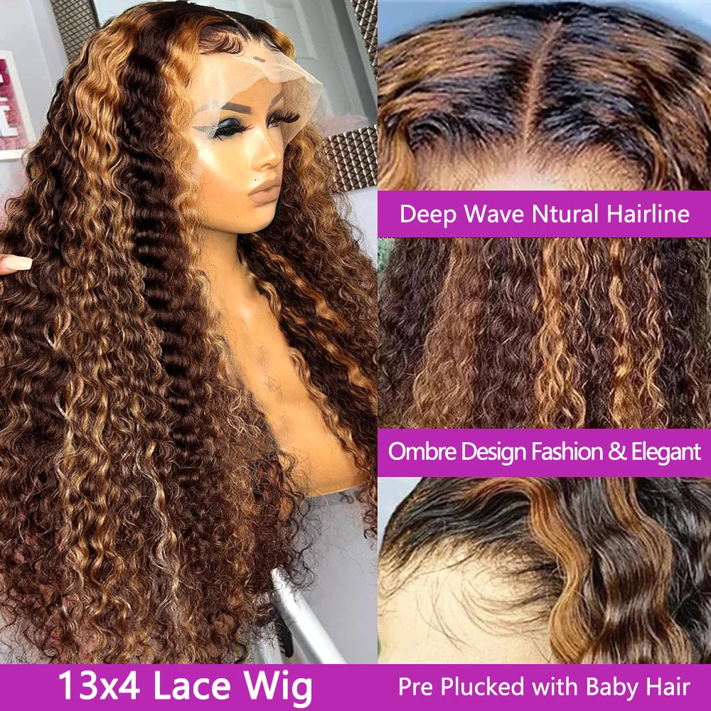 Highlight Honey Brown Curly Lace Front Human Hair Wigs