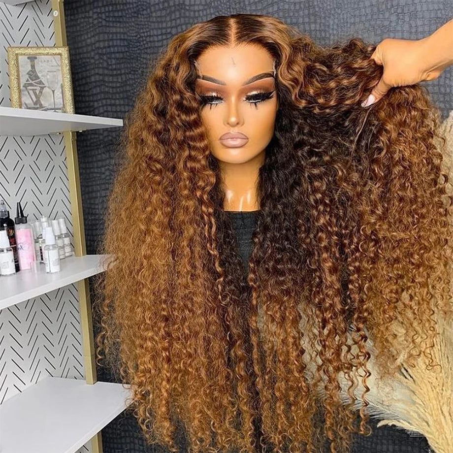 Highlight Honey Brown Curly Lace Front Human Hair Wigs