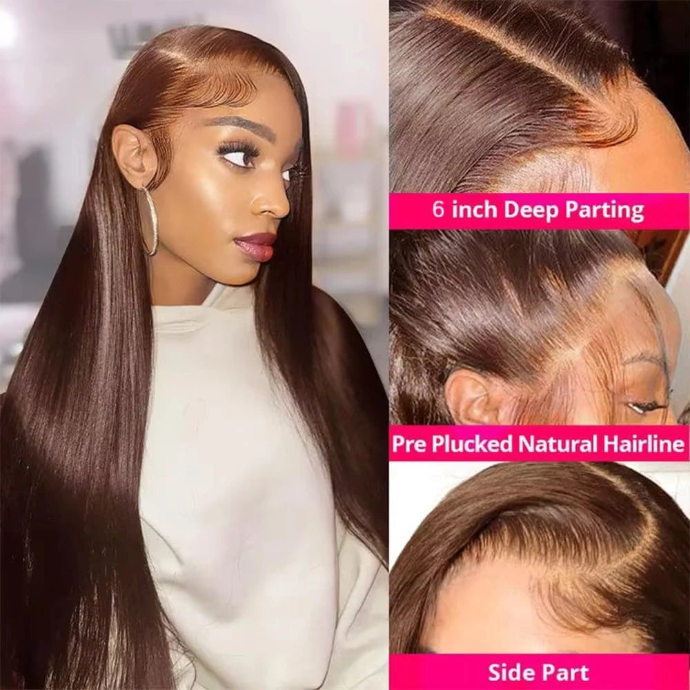 HD Chocolate Brown Bone Straight Lace Front Wigs