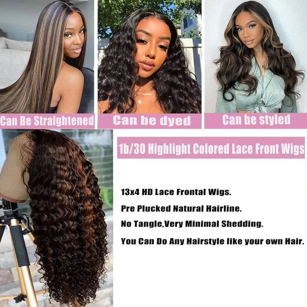 250 Density 1B/30 Highlight Deep Wave Frontal Wigs
