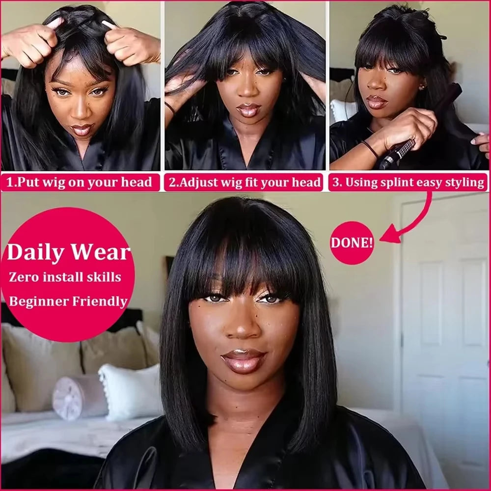 Bangs Bone Straight Human Hair Wigs