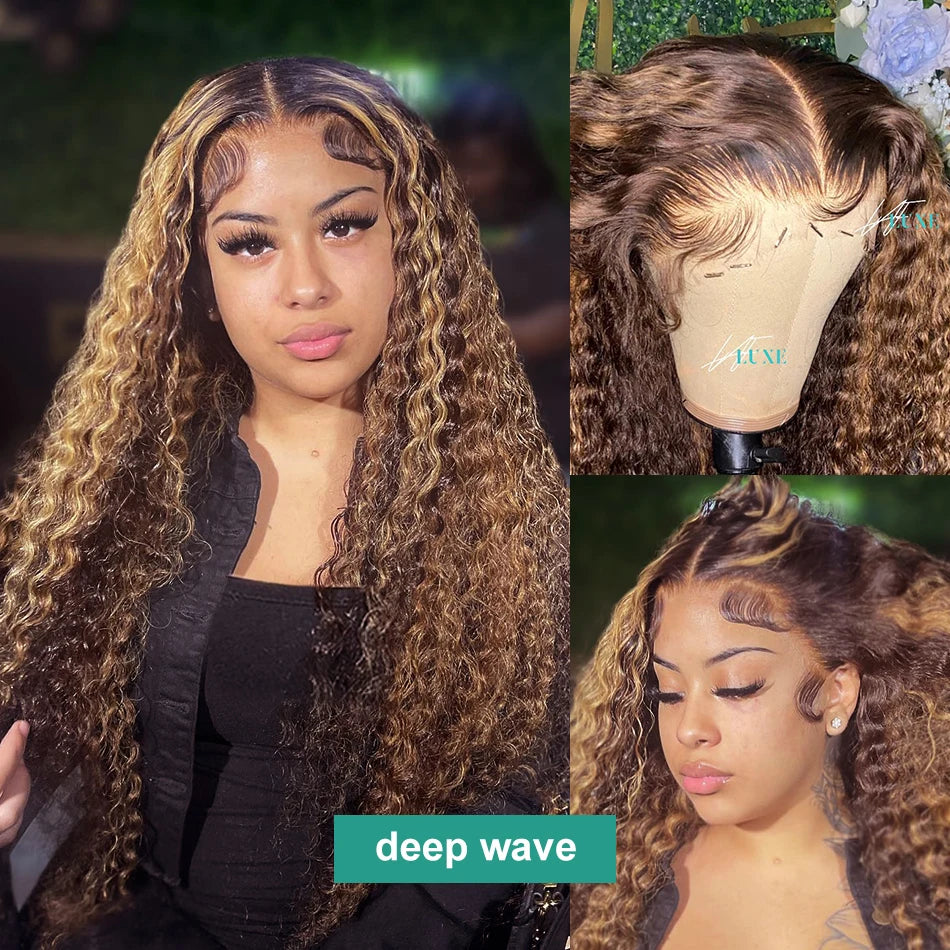 Highlighted Honey Brown Curly Lace Front Human Hair Wigs