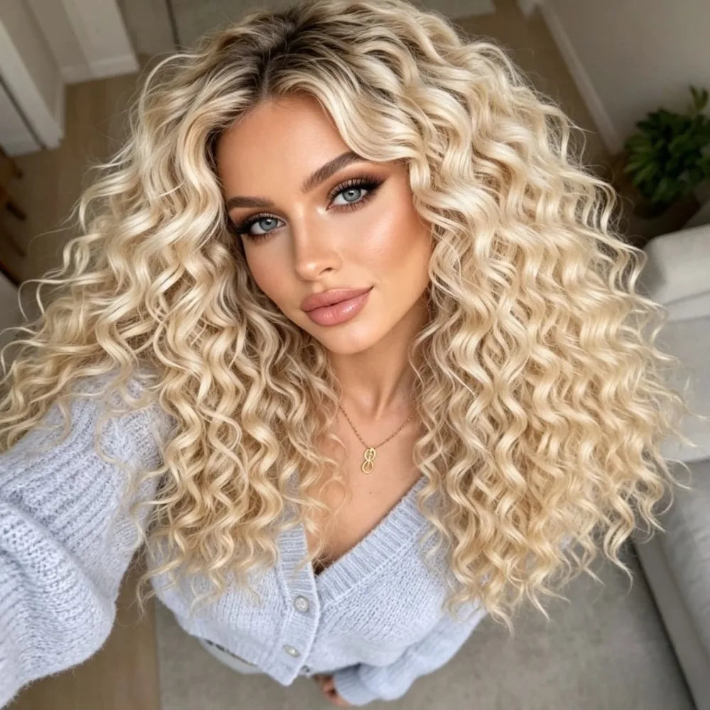 Ash Blonde Curly Synthetic Lace Front Wigs