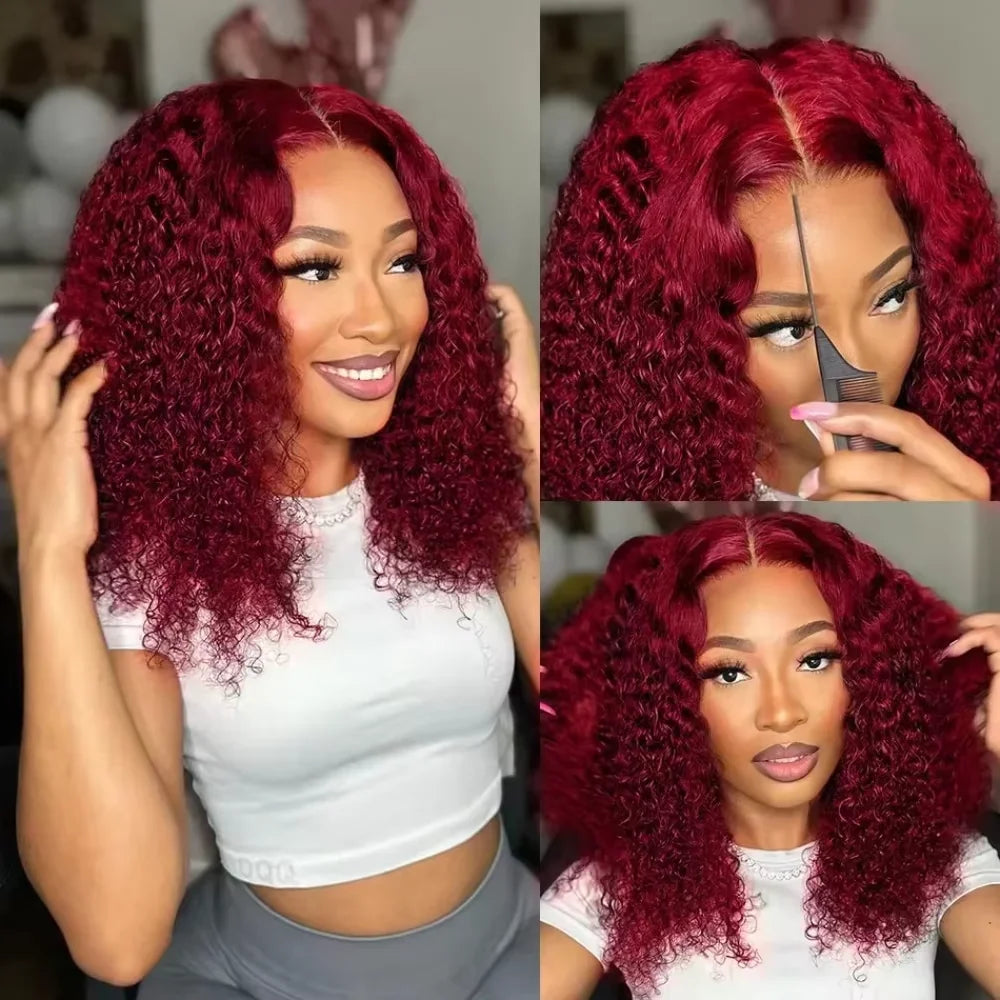 Burgundy Deep Curly Glueless Lace Wigs