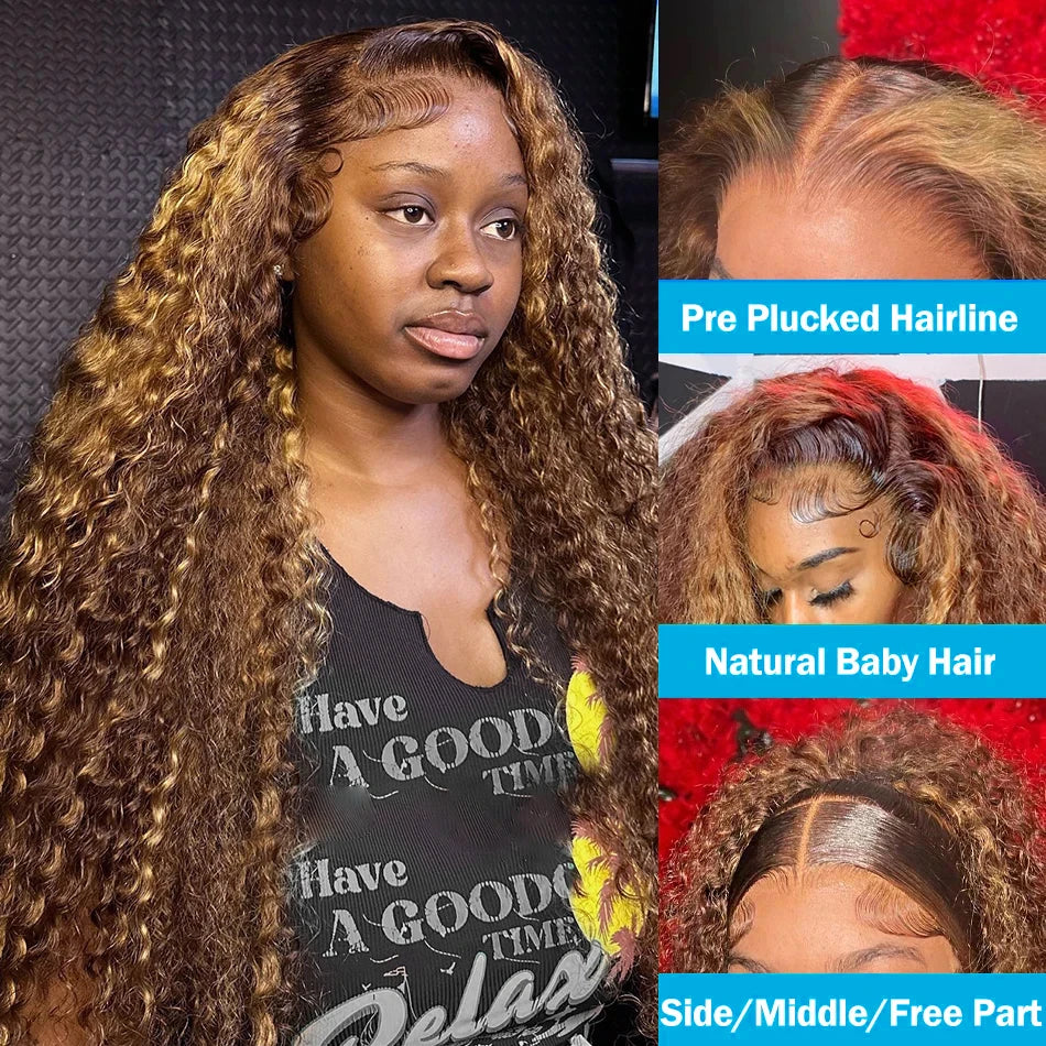 Highlighted Honey Brown Curly Lace Front Human Hair Wigs