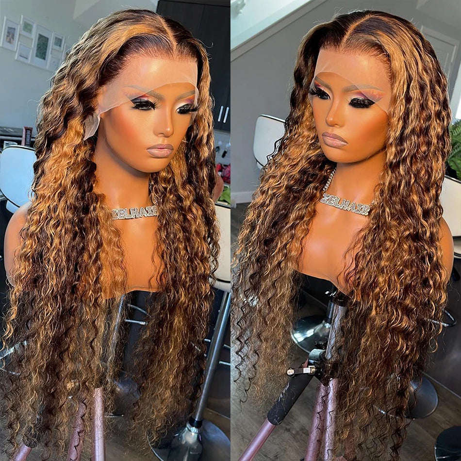 Highlight Honey Brown Curly Lace Front Human Hair Wigs