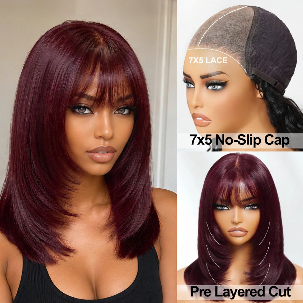 Black Cherry Layered Cut Straight Bob Wig
